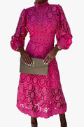 Women's Midi Lace Dress with High Neck and Puff Sleeves