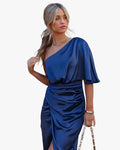 Women's Midi Satin Dress with One-Shoulder Neckline and Wrap Slit