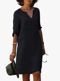 Women's Midi Shift Dress with Woven Finish and V Neck