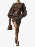 Women's Mini Polyester Dress with Wide Buckle Belt and Blouson Sleeves