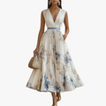 Women's Pleated Chiffon Maxi Dress with V-Neck and Pockets