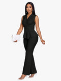 Women's Pleated Knit Jumpsuit Set with V Neck and Peplum Hem