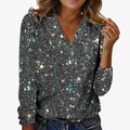 Women's Polyester Blouse with Sequin Overlay and V Neck