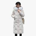 Women's Quilted Synthetic Long Coat with Faux-Fur Hood and Zip Pockets