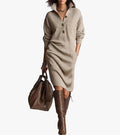 Women's Rib-Knit Midi Dress with Pointed Collar and Half Placket