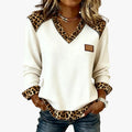 Women's Ribbed Knit Pullover Top with V Neck and Animal Trim