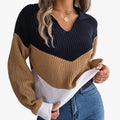 Women's Ribbed Knit Sweater with V-Neck Collar and Chevron Pattern