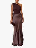 Women's Satin Maxi Dress with One-Shoulder Neckline and Pleated Waist