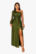 Women's Satin- Maxi Dress with One-Shoulder Neckline and Side Slit