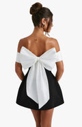 Women's Satin Mini Dress with Off-Shoulder Band and Back Bow