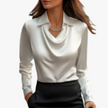 Women's Satin-Style Woven Blouse with Draped Neckline and Cuffs