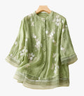 Women's Sheer Woven Blouse with Floral Embroidery and Band Collar