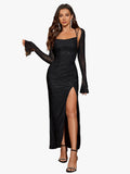Women's Shimmer Knit Maxi Dress with Halter Tie and High Slit