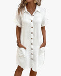 Women's Shirt Dress in Crinkle Weave with Button Front and Pockets