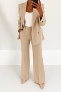 Women's Two-Piece Woven Suit Set with Notched Lapel and Wide-Leg Pants