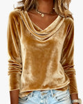 Women's Velvet Top with Draped V Neck and Long Sleeves