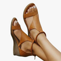 Women's Wedge Sandals with T-Strap and Buckle Slingback