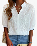 Women's Woven Blouse with Embroidered Panel and Split V Neck