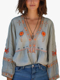 Women's Woven Blouse with Embroidery and V Neckline