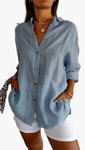 Women's Woven Button-Front Shirt with Pointed Collar and Roll-Tab Sleeves