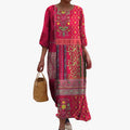 Women's Woven Maxi Dress with Mixed Print and Round Neck