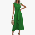 Women's Woven Maxi Dress with Round Neck and Waist Tie