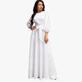 Women's Woven Maxi Dress with Tie Belt and Gathered Cuffs