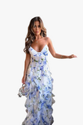 Women's Woven Maxi Dress with V-Neck and Tiered Ruffle Skirt