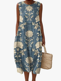 Women's Woven Midi Dress with Crew Neck and Floral Print