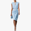 Women's Woven Midi Dress with Keyhole Neckline and Side Pleats