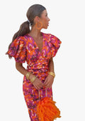 Women's Woven Midi Dress with Puff Sleeves and V-Neck