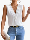 Women's Woven Sleeveless Top with Layered V Neck and Pleated Front