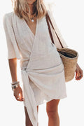Women's Wrap Linen-Blend Mini Dress with Side Tie and V Neck